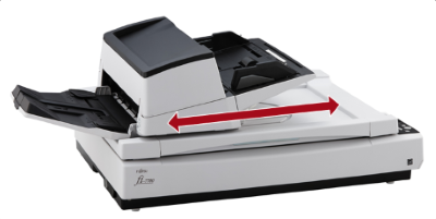 Fujitsu fi-7700 scanner with red line along axis of scanner showing the fixed alignment before it rotates 180 degrees